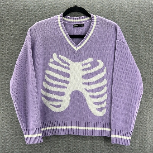 SHEIN Wonen’s‎ Lilac White Oversized Cropped Knit Sweater Rib Cage Size S - Picture 1 of 8